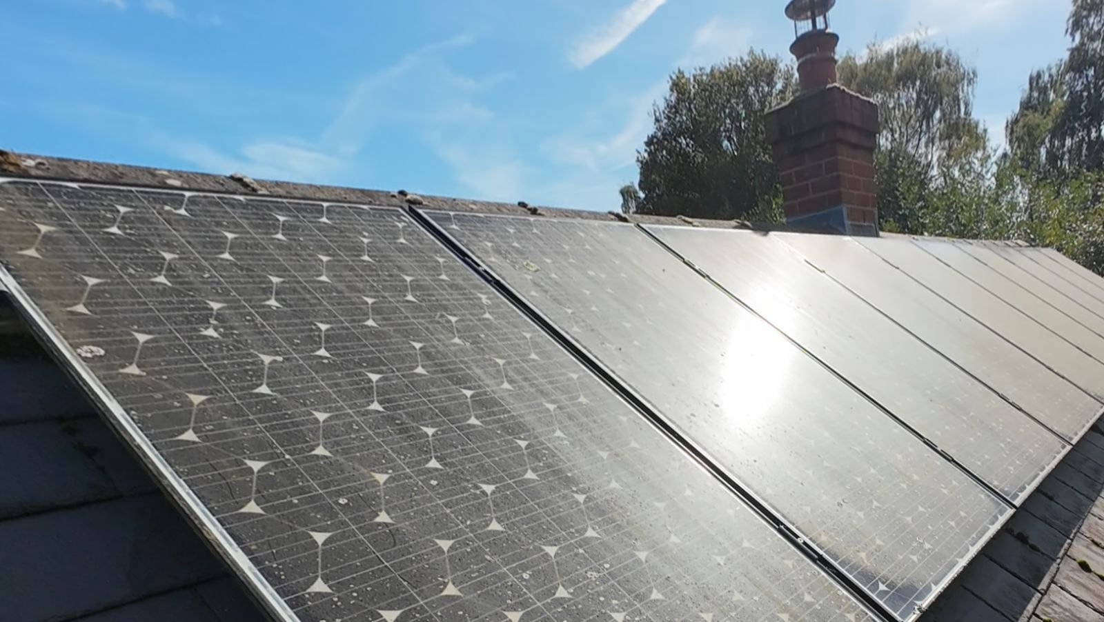 Solar panels before cleaning, covered in lichen spots, bird droppings and a grey film