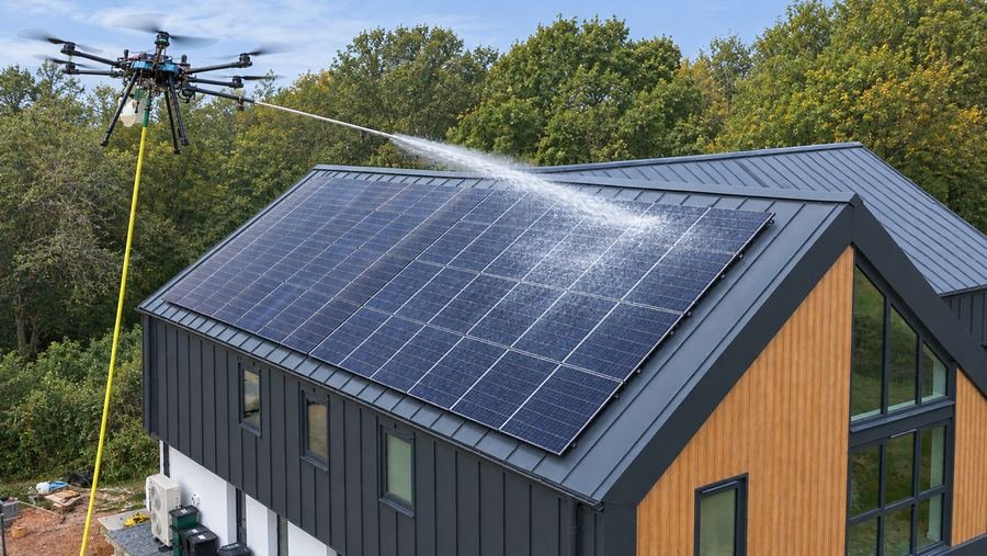Drone rinsing a pitched roof solar array