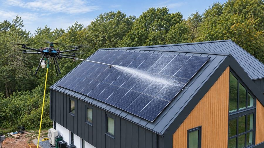 Cleaning drone on a water line rinsing solar panels