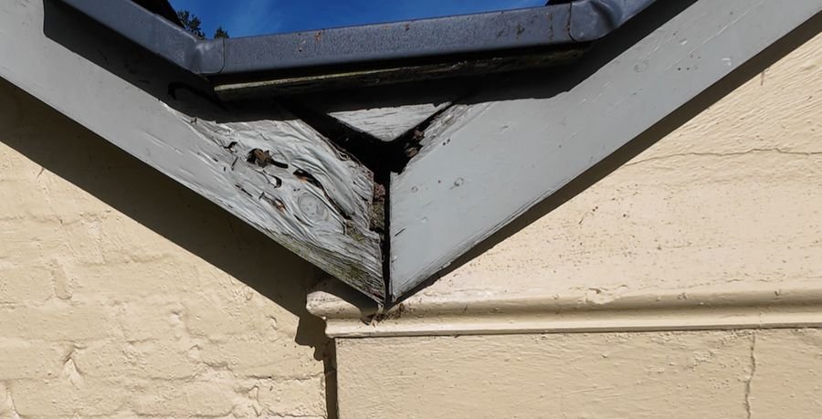 Close-up of a rotten, split fascia board at the corner of a roof above a gutter