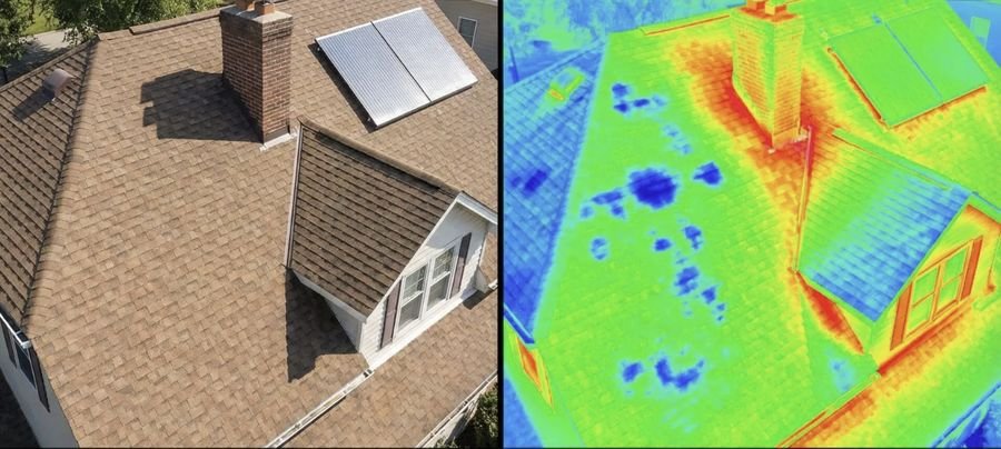 Side-by-side normal and thermal images of a house roof showing patches of heat loss