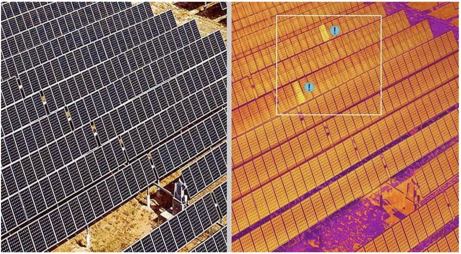 Side-by-side normal and thermal drone images of a solar array, with two overheating cells marked on the thermal view